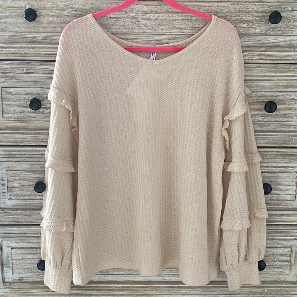 NWT ePretty - Cream/Ivory Waffle Knit Sweater Top with Balloon Ruffle Sleeves